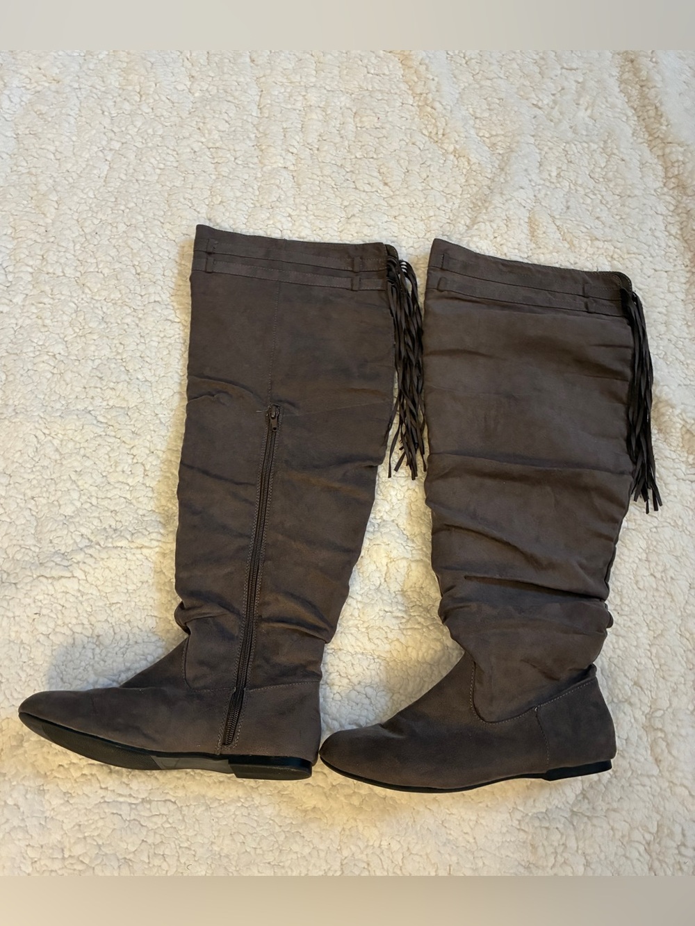 Women’s Size 7.5 Knee-High Fringe Boots | Taupe | Faux Suede |Wide Calf |Western